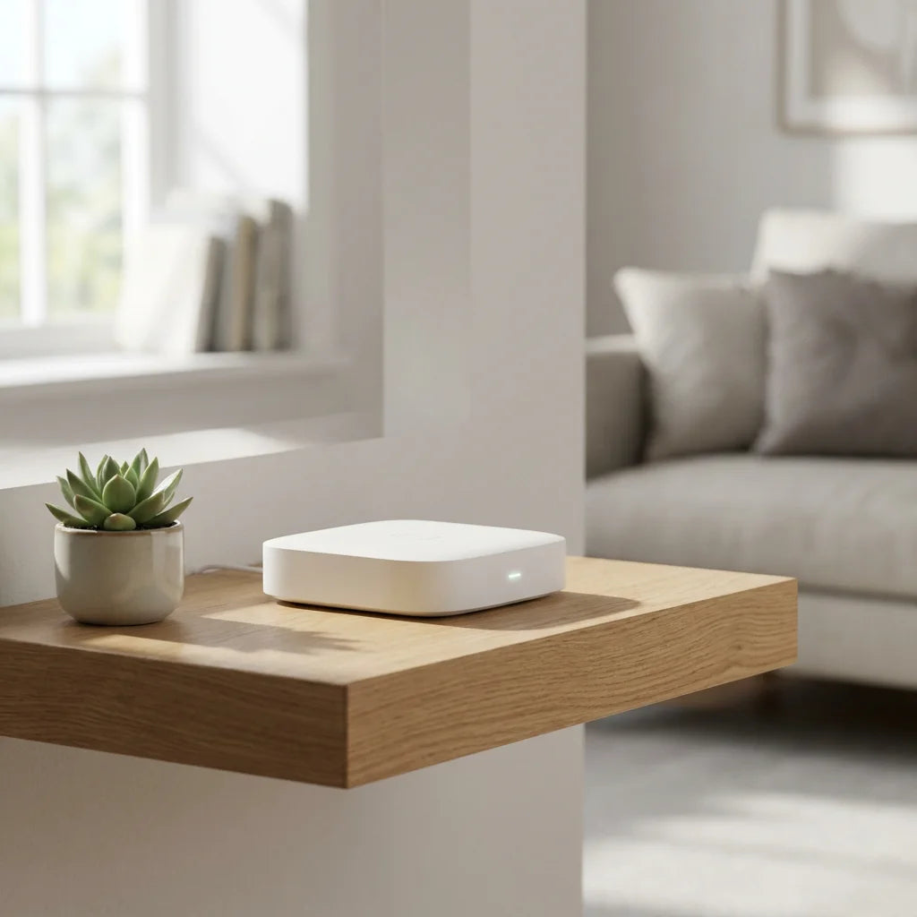Smart Home Hub - Matter Zigbee Z-Wave lifestyle shot on oak shelf