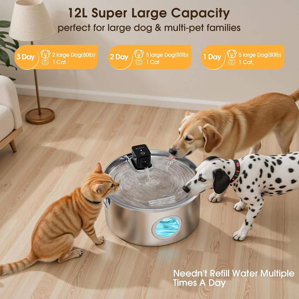 Obsidian Pro Wireless Pet Fountain - 12L Ultra-Capacity Stainless Steel